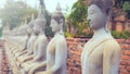 Series of ancient buddha image , statues line up in row