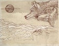 Two wolves howling at the moon Series of animals with vintage background, artistic postcards