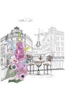 Series of backgrounds decorated with flowers, old town views and street cafes. CafÃÂ© window.