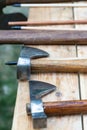 Series of battle axes sharp and reliable traditional viking weapon blacksmith counter Royalty Free Stock Photo