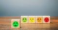 A Series Of Blocks With Faces From Happy To Angry. Happiness Face Selected. Concept Of Good Rating, Review And Feedback. Satisfied