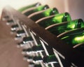 Row wine bottle in a traditional `pupitre` Royalty Free Stock Photo