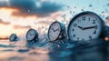 Clocks floating in water symbolize the fluidity and passage of time, AI