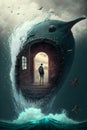 A series of conceptual images. Man enters the portal over the ocean