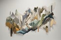 a series of deconstructed and fragmented shapes depicting a journey through different landscapes