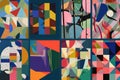 a series of deconstructed and fragmented shapes, each with a different color or pattern