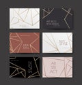 A series of designs with gold lines on a white, pink and dark background in art deco style. Wedding or fashionable style Royalty Free Stock Photo