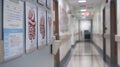 A series of digestive system diagrams are displayed in the hallway near the gastroenterology department highlighting