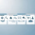 A series of digital icons are displayed on a blurred blue and white background, each Royalty Free Stock Photo