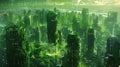 A series of digital scenes depicting a futuristic city powered entirely by algaebased biofuel showcasing the potential