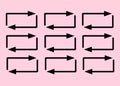 A series of duplicating looping black arrows symbols as in a playback light pink rose backdrop