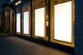 A series of empty Bright White Lightboxes Adorning Modern Storefront, Invitation to Explore Within
