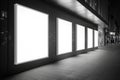 A series of empty white lightboxes line a modern storefront, White Lightboxes Showcase Modern Storefront Ambiance