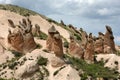 A series of fairy chimneys located near Urgup in Turkey. Royalty Free Stock Photo