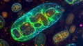 A series of fluorescent images showing the movement of mitochondria within a living cell. The mitochondria appear as