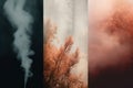 A series of four images of smoke coming out of trees. Generative AI image.