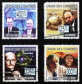 Some famous scientists and their discoveries on four stamps