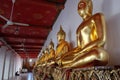 A series of gilded Buddha statues on display for pilgrims in one of the temples Royalty Free Stock Photo