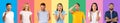 Series of human faces expressing all kinds of positive emotions over multicolor studio backgrounds. Society mosaic Royalty Free Stock Photo