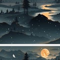 a series of illustrations depicting the night sky trees and a full moon