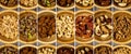 Series images of tasty dried fruit in wooden bowls. Macro photography and healthy food background.