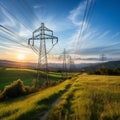 A series of interconnected power grids and transmission lines stretching across a vast landscape. Royalty Free Stock Photo