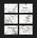 Series of invitation wedding illustrations in art deco style. Geometric golden lines on marble background. Vector