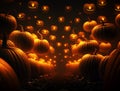 A series of magical flying pumpkins. Magical carved vegetables create a glowing pattern. Generated by ai