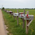 A series of mailboxes mounted on wooden posts lines a rural road. The mailboxes Royalty Free Stock Photo