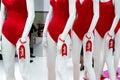 series of mannequins in red swimsuits. Sale Royalty Free Stock Photo