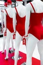 series of mannequins in red swimsuits. Sale Royalty Free Stock Photo