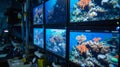 A series of monitors in a control room display realtime data from ocean temperature and salinity sensors as well as Royalty Free Stock Photo