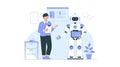 a series of nine illustrations depicting people interacting with robots or AI in various