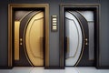 series of office or hotel entrance doors, each with its own unique design or color scheme