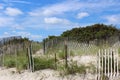 Length of old weathered sections of fencing beaten down and falling over from the elements