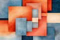 A series of overlapping squares in burnt orange, chambray blue, and peach fuzz, forming a vibrant,