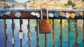 a series of paintings that feature locks against diverse backdrops