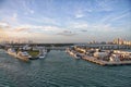 A series of photos of a cruise ship as it leaves the Port of Miami Cruise Terminal Florida Royalty Free Stock Photo