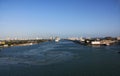 A series of photos of a cruise ship as it leaves the Port of Miami Cruise Terminal Florida Royalty Free Stock Photo