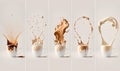 a series of photos of coffee splashing into a cup