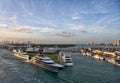 A series of photos of a cruise ship as it leaves the Port of Miami Cruise Terminal Florida Royalty Free Stock Photo