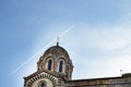 A series of 8 photos - a trace in the sky from the plane flying over Notre Dame de La garde Cathedral in Marseille, the Symbol of
