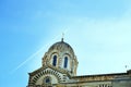 A series of 8 photos - a trace in the sky from the plane flying over Notre Dame de La garde Cathedral in Marseille, the Symbol of Royalty Free Stock Photo