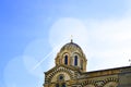 A series of 8 photos - a trace in the sky from the plane flying over Notre Dame de La garde Cathedral in Marseille, the Symbol of