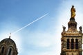 A series of 8 photos - a trace in the sky from the plane flying over Notre Dame de La garde Cathedral in Marseille, the Symbol of Royalty Free Stock Photo