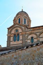 A series of 8 photos - a trace in the sky from the plane flying over Notre Dame de La garde Cathedral in Marseille, the Symbol of Royalty Free Stock Photo