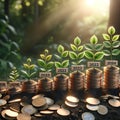 A series of plants growing next to a pile of coins