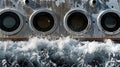 A series of portholes on a yacht lined up in perfect symmetry each one framed by a splash of sea spray. The rough Royalty Free Stock Photo