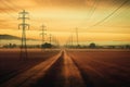 Series Of Power Lines Stretching Across Rural Landscape, Highlighting Linear Perspective. Generative AI Royalty Free Stock Photo