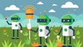 A series of robots equipped with weed control technology roaming through a field of crops working together to Royalty Free Stock Photo